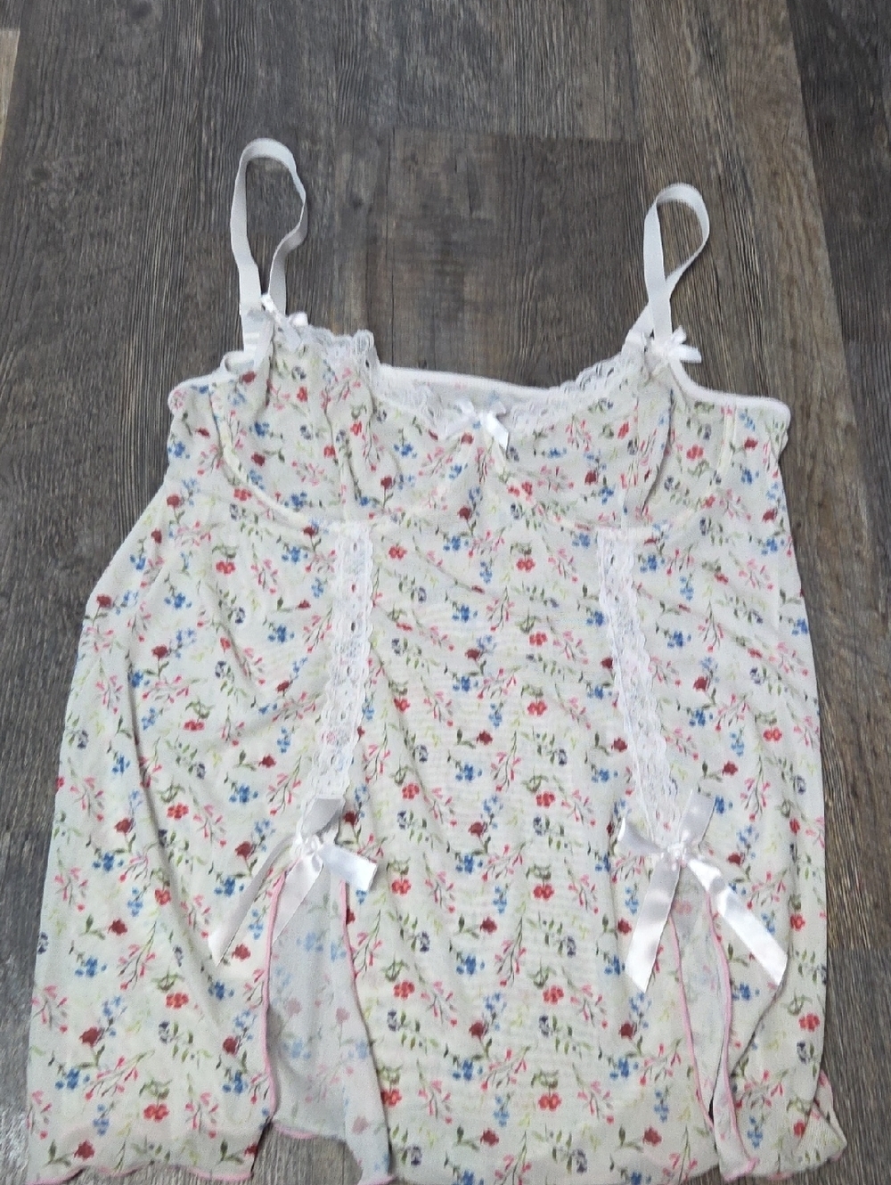 Floral Lace Trim Cami Top in White with Pink & Blue Flowers